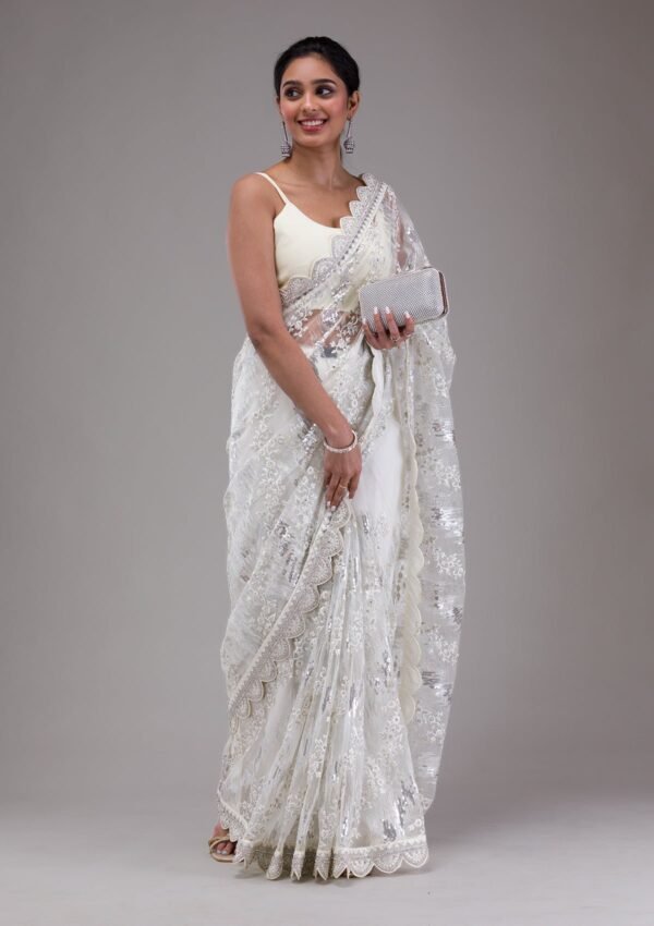 White Threadwork Net Saree