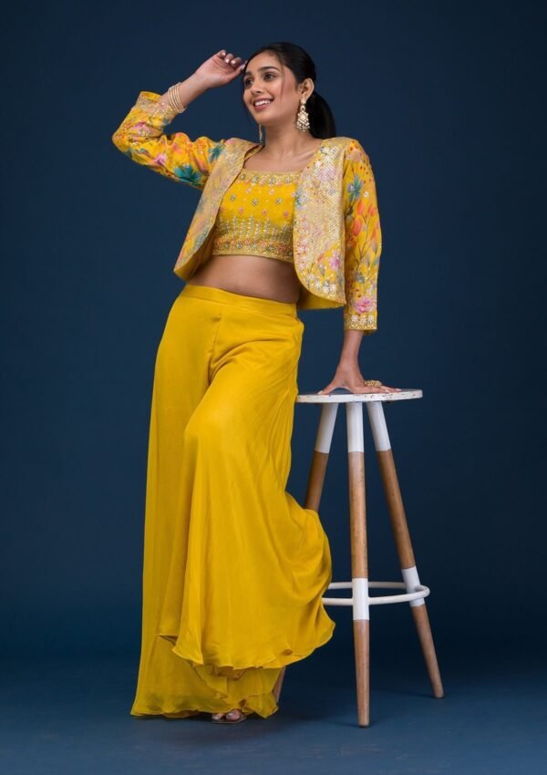 Yellow Zariwork Semi Crepe Readymade Salwar Suit