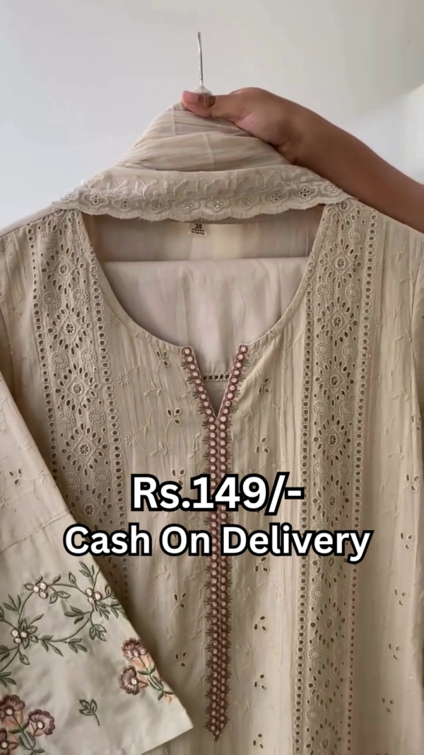 Cotton embroidered kurti with pants and dupatta set