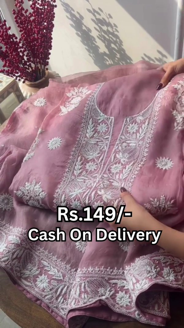 ORGANZA FABRIC DRESS MATERIAL WITH WHITE FLORAL EMBROIDERY ON TOP AND DUPPATA FABRIC